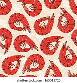 Seamless pattern from hand drawn shrimps on a beige background