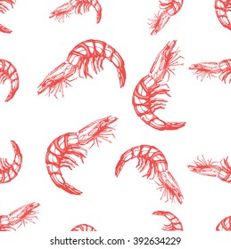 Seamless pattern from hand drawn shrimps on a beige background