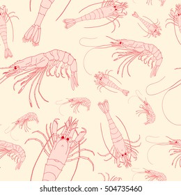 Seamless pattern with hand drawn shrimps isolated on a beige background. Vector illustration for graphic design, for restaurant, menu, fish market. Fresh organic seafood.