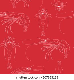 Seamless pattern from hand drawn shrimps isolated on a red background. Linear vector image. Seafood menu.