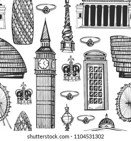 Seamless pattern with hand drawn sights of London