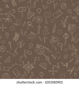 Seamless pattern with hand drawn signs on the theme of geography and travel, beige outline on a brown background