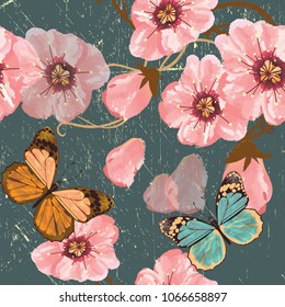 Seamless pattern of Hand Drawn silhouette butterflies with watercolor texture. Vector illustration in vintage style.