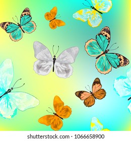 Seamless pattern of Hand Drawn silhouette butterflies with watercolor texture. Vector illustration in vintage style.