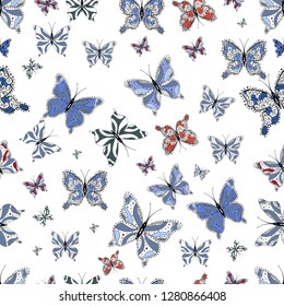 Seamless pattern of Hand Drawn silhouette butterflies with watercolor texture. Illustration in blue, white and black colors. In vintage style. Vector illustration.