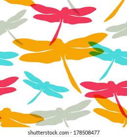 Seamless pattern with hand drawn silhouette dragonflies. Spring summer background. Vector illustration