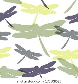 Seamless pattern with hand drawn silhouette dragonflies. Spring summer background. Vector illustration