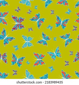 Seamless pattern of Hand Drawn silhouette butterflies with watercolor texture. Illustration in pleasant colors. vector illustration in vintage style. Green.