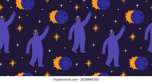 Nahtloses Muster mit handgezeichneter Silhouette des Menschen, die auf die Sonnenfinsternis zeigt. Mann in Sonnenfinsternis Brille. Trendige flache Vektor-Illustration.