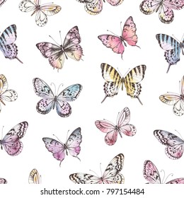 Seamless pattern of Hand Drawn silhouette butterflies with watercolor texture. Vector illustration in vintage style.