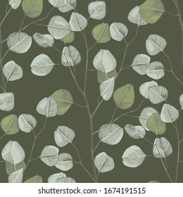 Seamless pattern with hand drawn silver dollar eucalyptys branches on dark background. Vector illustration.