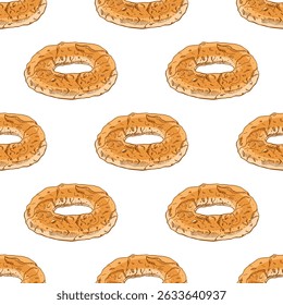 Padrão contínuo de anéis de pão de simit desenhados à mão no estilo de esboço vintage. Inclui versões coloridas e monocromáticas. Ótimo para decoração de padaria, embalagens, têxteis ou desenhos de menu.