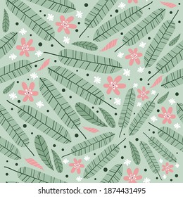 Seamless pattern with Hand drawn simple, minimalist  banana leaves and flowers. Fun jungle floral vector pattern for fabrics, textile, wrapping, background. 
