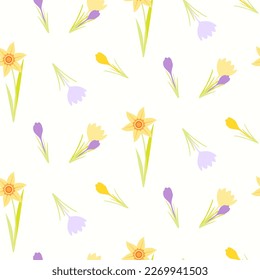 Seamless pattern of hand drawn simple crocuses and daffodils on isolated background. Spring design for mother's day, Easter, springtime and summertime celebration, scrapbooking, home decor.