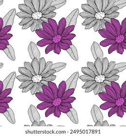 Seamless pattern with hand drawn simple flowers. Floral illustration for background.