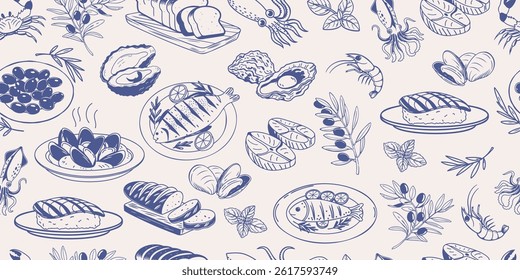 Seamless pattern of hand drawn simple mediterranean food. Fish seafood cheese olives bread. Background for cafe or restaurant menu.