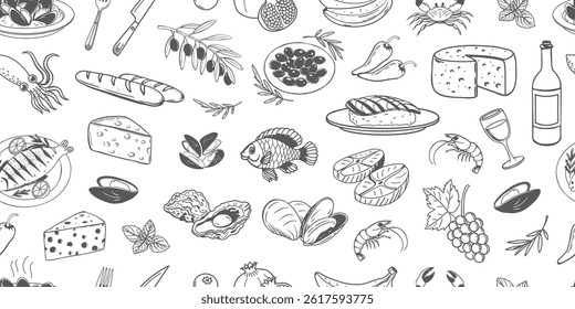 Seamless pattern of hand drawn simple mediterranean food. Fish seafood cheese olives bread. Background for cafe or restaurant menu.