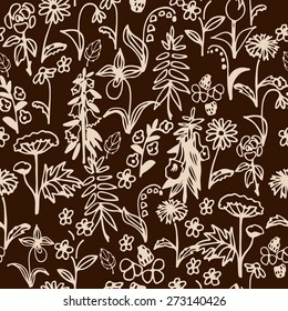 Seamless pattern with hand drawn simple flowers on brown background. Vector illustration.