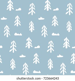 Seamless pattern with hand drawn simple white fir trees. Abstract naive winter scandinavian texture for textile, wrapping paper, cover, surface, background, wallpaper