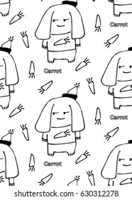 Seamless pattern of hand drawn skeptical cartoon rabbit in pointed hat with pompom and sweater, with carrots and text. Design concept for children - textile print, wallpaper, wrapping paper. Vector.