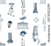 Seamless pattern of hand drawn sketch style Greek themed objects isolated on white background. Vector illustration.