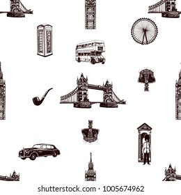 Seamless pattern of hand drawn sketch style England themed objects. Vector illustration isolated on white background.