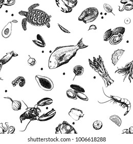 Seamless pattern of hand drawn sketch style seafood. Vector illustration isolated on white background.