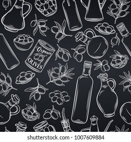 Seamless pattern with hand drawn sketch olives, tree branches, glass bottle, jug , metal dispenser and olive oil for farmers market packaging design. Vector illustration , white on black.