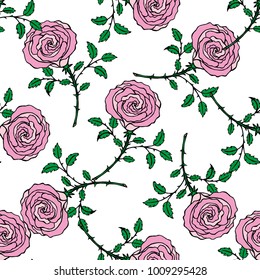 Seamless pattern of hand drawn sketch style.  Rose flower. Vector illustration isolated on white background.