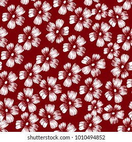 Seamless pattern of hand drawn sketch style. Hibiscus flower. Vector illustration isolated on red background.
