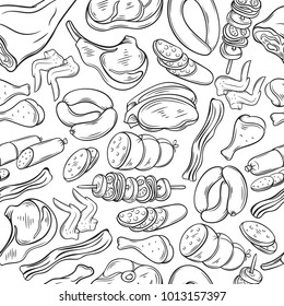 Seamless pattern with hand drawn sketch gastronomic meat products . Decorative vector isolated illustration in retro style for the design food meat production , brochures, banner, menu and market