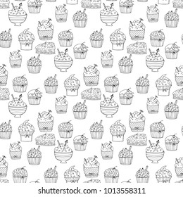 Seamless pattern of hand drawn sketch style. Cupcake ice cream cake. Vector illustration isolated on white background.