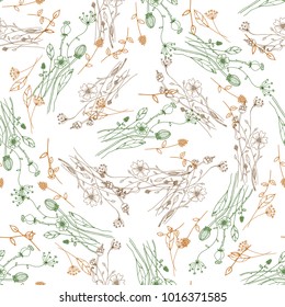 Seamless pattern of hand drawn sketch style. Wild flowers. Vector illustration isolated on white background.