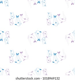 Seamless pattern of hand drawn sketch style dolphin.Vector illustration isolated on white background.