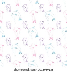 Seamless pattern of hand drawn sketch style dolphin.Vector illustration isolated on white background.