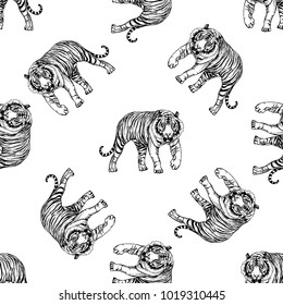 Seamless pattern of hand drawn sketch style tigers. Vector illustration isolated on white background.