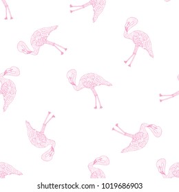 Seamless pattern of hand drawn sketch style. Flamingo.Vector illustration isolated on white background