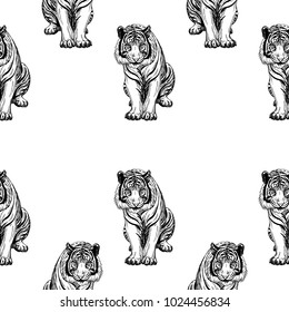 Seamless pattern of hand drawn sketch style tiger. Vector illustration isolated on white background.