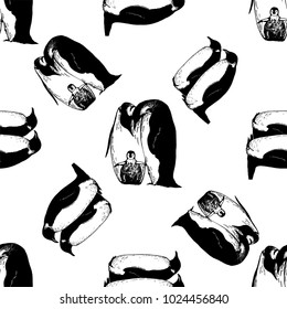Seamless pattern of hand drawn sketch style penguins. Vector illustration isolated on white background.