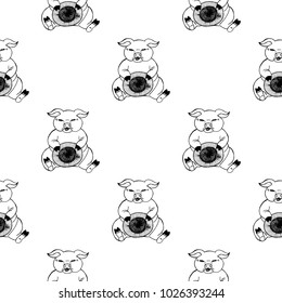 Seamless pattern of hand drawn sketch style pig with hat. Vector illustration.