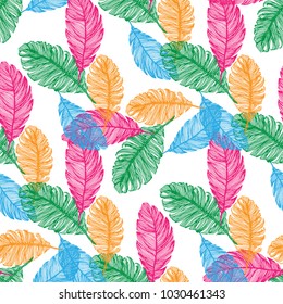 Seamless pattern of hand drawn sketch style. Feathers.Vector illustration isolated on white background.