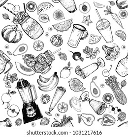 Seamless pattern of hand drawn sketch style smoothie with fruits, vegetables and kitchenware. Isolated vector illustration.
