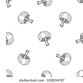 Seamless pattern of hand drawn sketch style Champignon mushrooms.Vector illustration isolated on white background