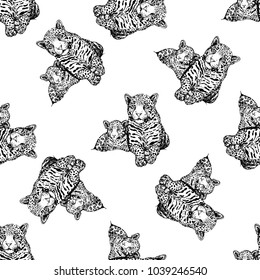 Seamless pattern of hand drawn sketch style leopard mother with cub. Vector illustration isolated on white background.