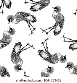 Seamless pattern of hand drawn sketch style crowned crane. Vector illustration isolated on white background.
