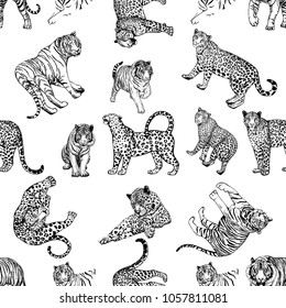 Seamless pattern of hand drawn sketch style leopards and tigers isolated on white background. Vector illustration.