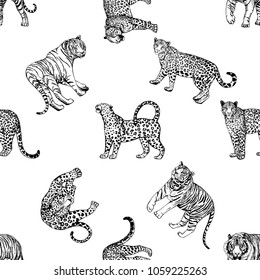 Seamless pattern of hand drawn sketch style leopards and tigers isolated on white background. Vector illustration.