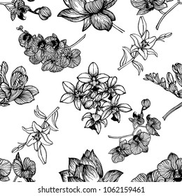 Seamless pattern of hand drawn sketch style exotic flowers isolated on white background. Vector illustration.
