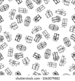 Seamless pattern of hand drawn sketch style Packing boxes for celebrations.Vector illustration isolated on white background 