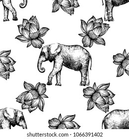 Seamless pattern of hand drawn sketch style lotus flowers and elephants isolated on white background. Vector illustration.